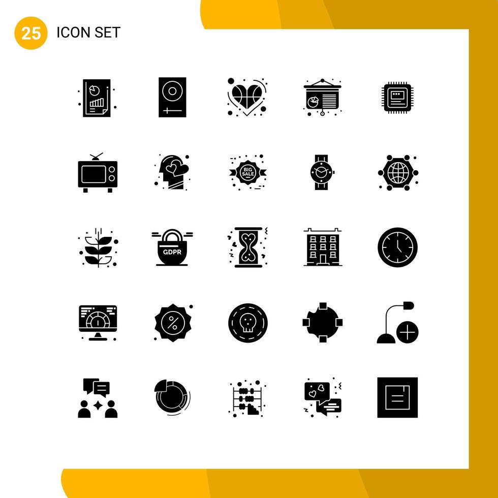paquete de 25 signos y símbolos de glifos sólidos modernos para medios de impresión web, como gráficos de mezcladores de conferencias cpu, elementos de diseño vectorial editables vector
