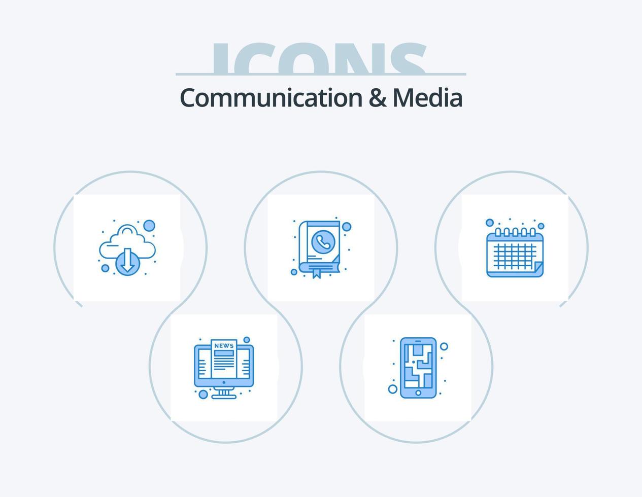 comunicación y medios blue icon pack 5 diseño de iconos. DIRECCIÓN. contacto. teléfono inteligente libro. flecha vector