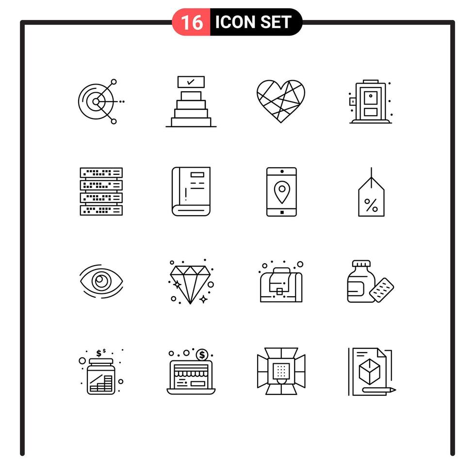 Stock Vector Icon Pack of 16 Line Signs and Symbols for rack mount computer love door home Editable Vector Design Elements