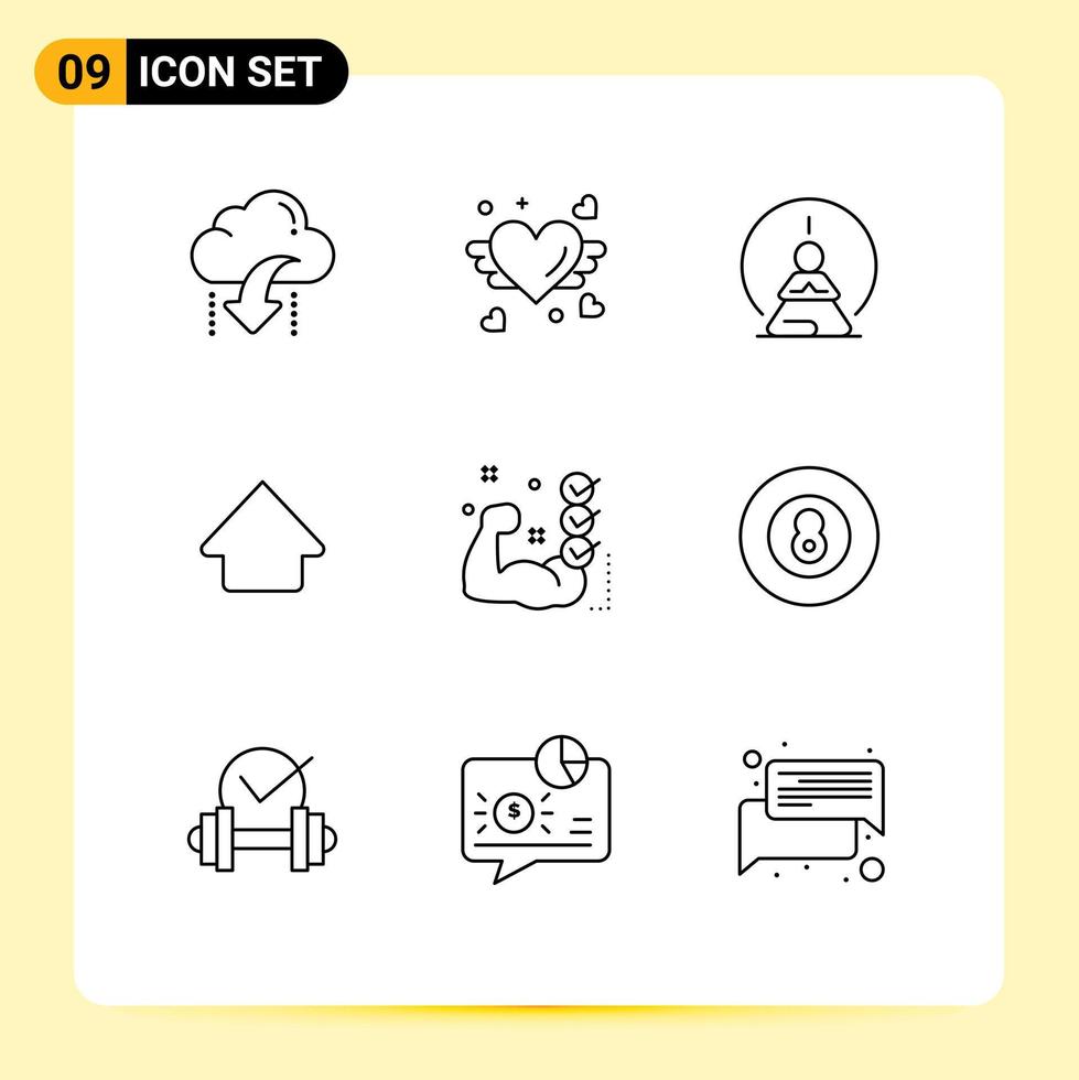 Mobile Interface Outline Set of 9 Pictograms of gym up wedding arrow mental Editable Vector Design Elements