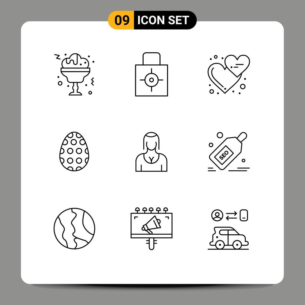 Mobile Interface Outline Set of 9 Pictograms of actress easter egg affection easter love hearts Editable Vector Design Elements