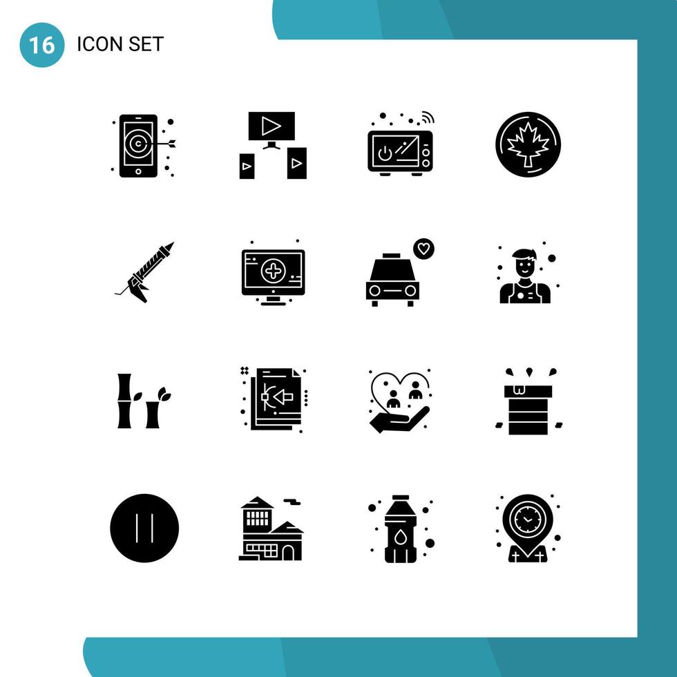Solid Glyph Pack of 16 Universal Symbols of construction gun kitchenware sealant leaf Editable Vector Design Elements