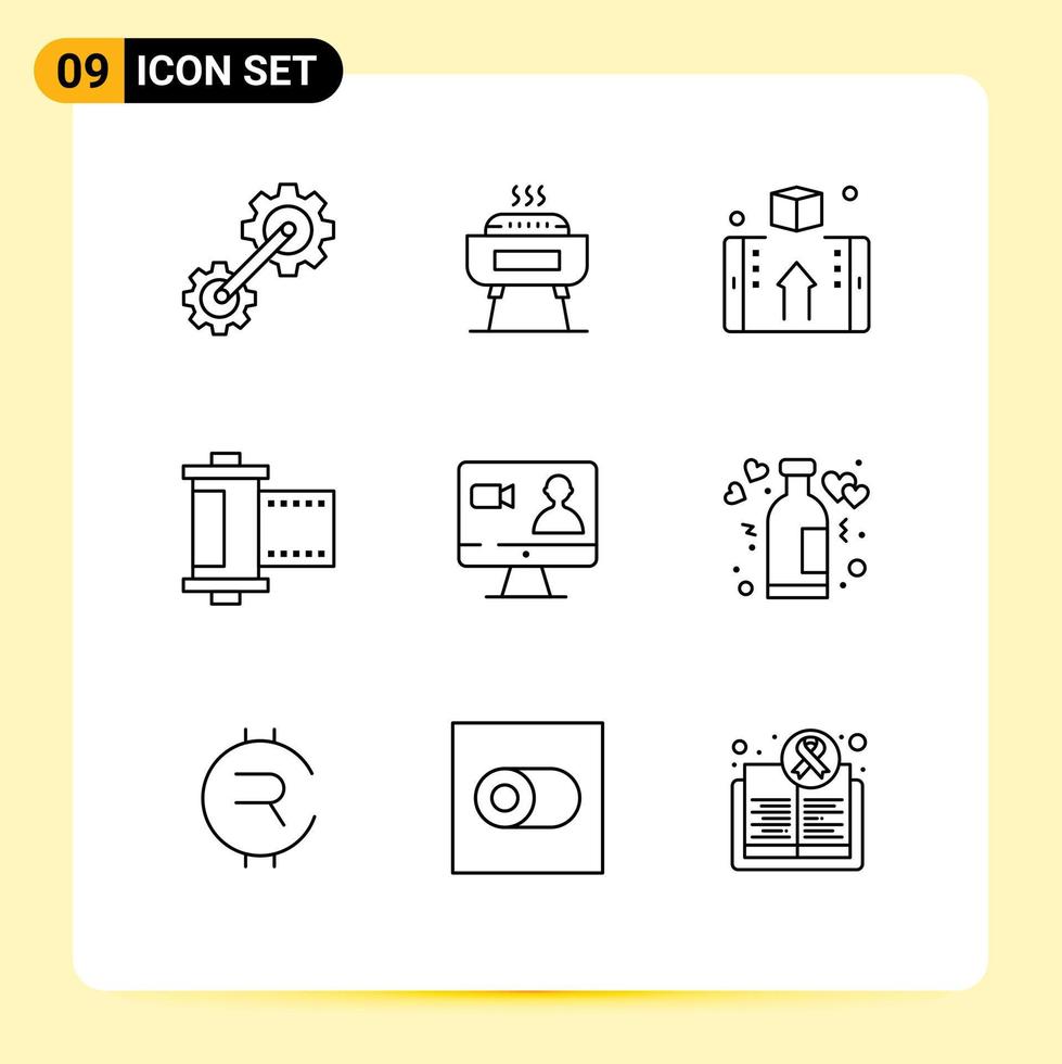 conjunto de 9 iconos de interfaz de usuario modernos signos de símbolos para caja de fotos de trabajo tienda de películas elementos de diseño de vectores editables