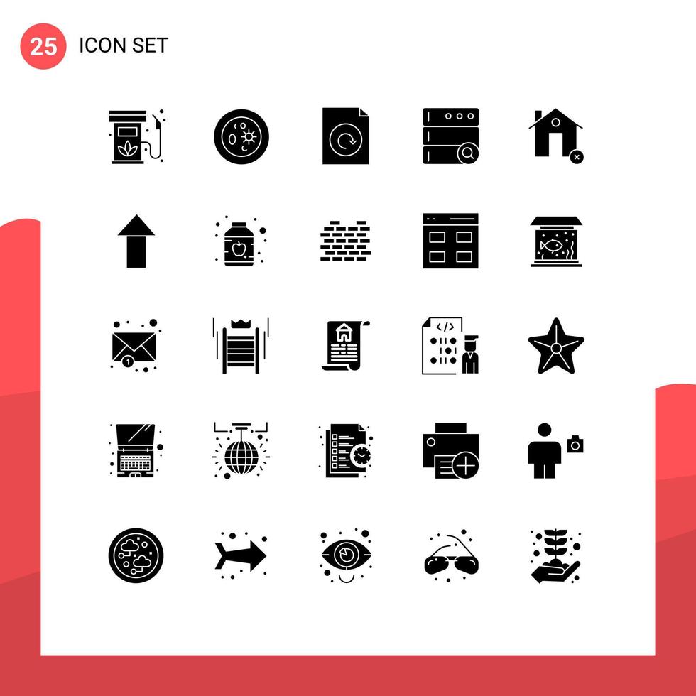 Mobile Interface Solid Glyph Set of 25 Pictograms of cancel server dish search reload Editable Vector Design Elements