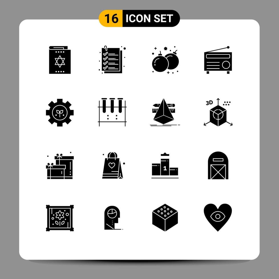 Group of 16 Modern Solid Glyphs Set for environment audio file fm play Editable Vector Design Elements
