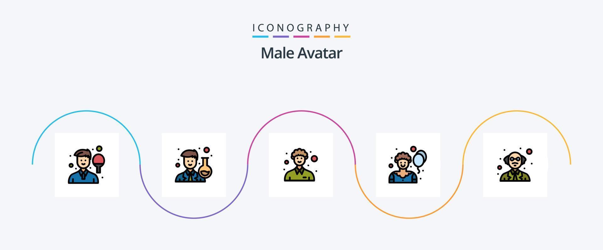 paquete de iconos de 5 planos llenos de línea de avatar masculino que incluye al profesor. bufón. científico. payaso. persona vector