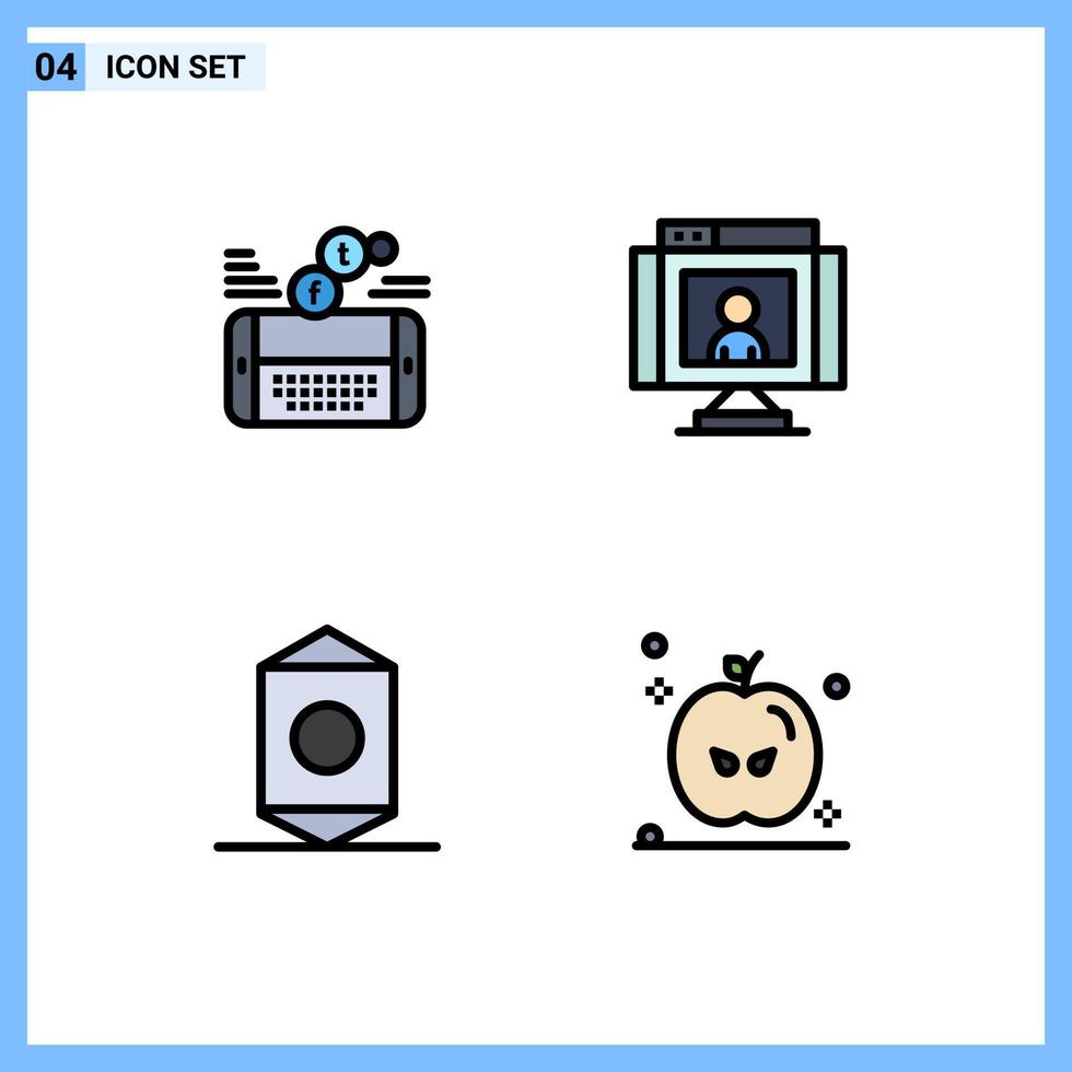 Set of 4 Vector Filledline Flat Colors on Grid for mobile webcam facebook communications food Editable Vector Design Elements