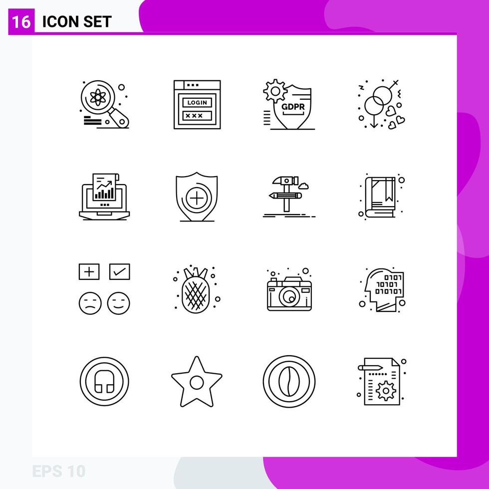 Pack of 16 Modern Outlines Signs and Symbols for Web Print Media such as wedding gender web security engagement secure Editable Vector Design Elements