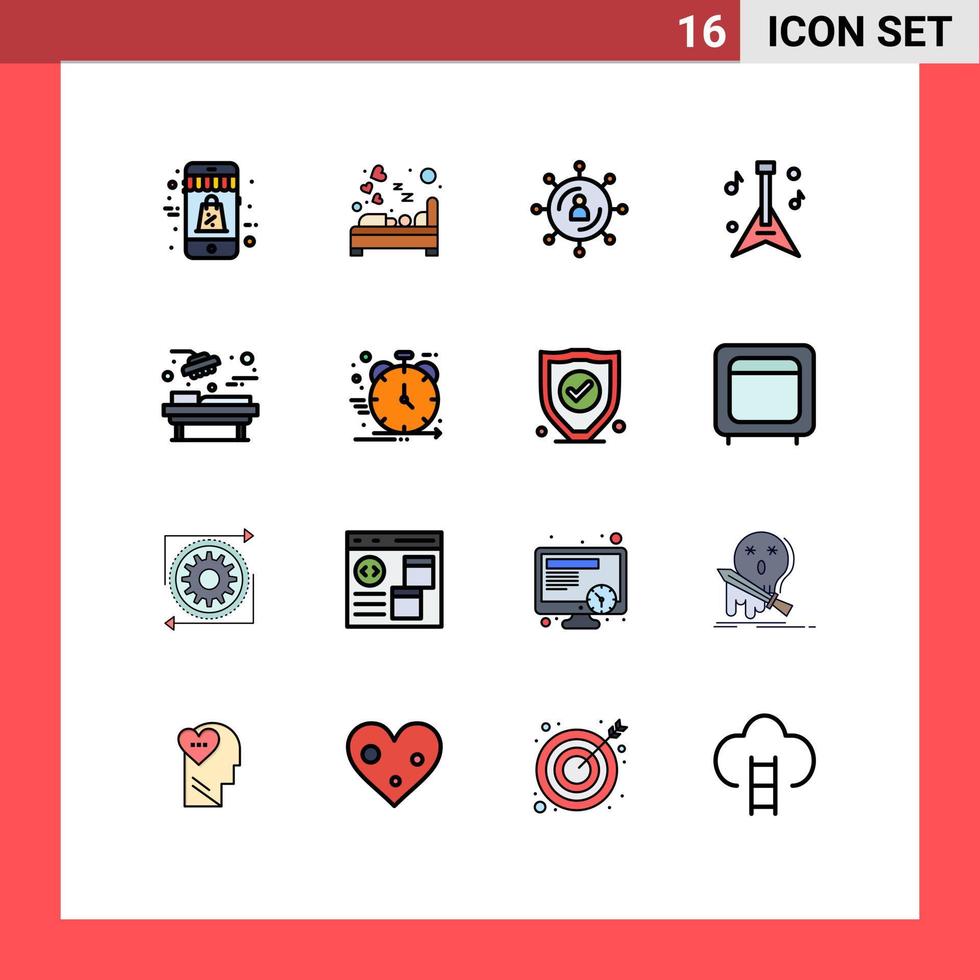 Modern Set of 16 Flat Color Filled Lines and symbols such as hospital instrument sleep guitar network Editable Creative Vector Design Elements