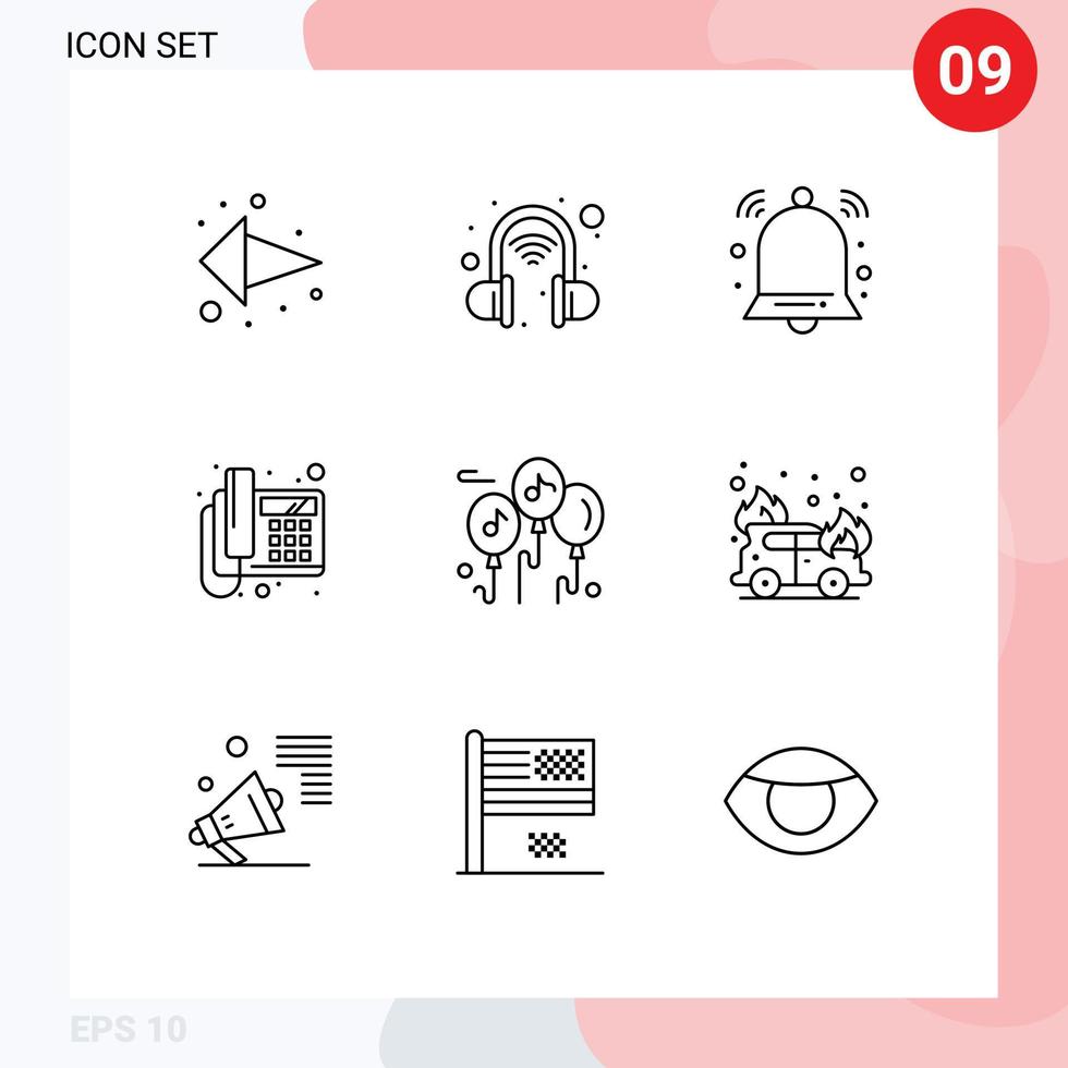 Pack of 9 creative Outlines of multimedia balloon bell device phone Editable Vector Design Elements