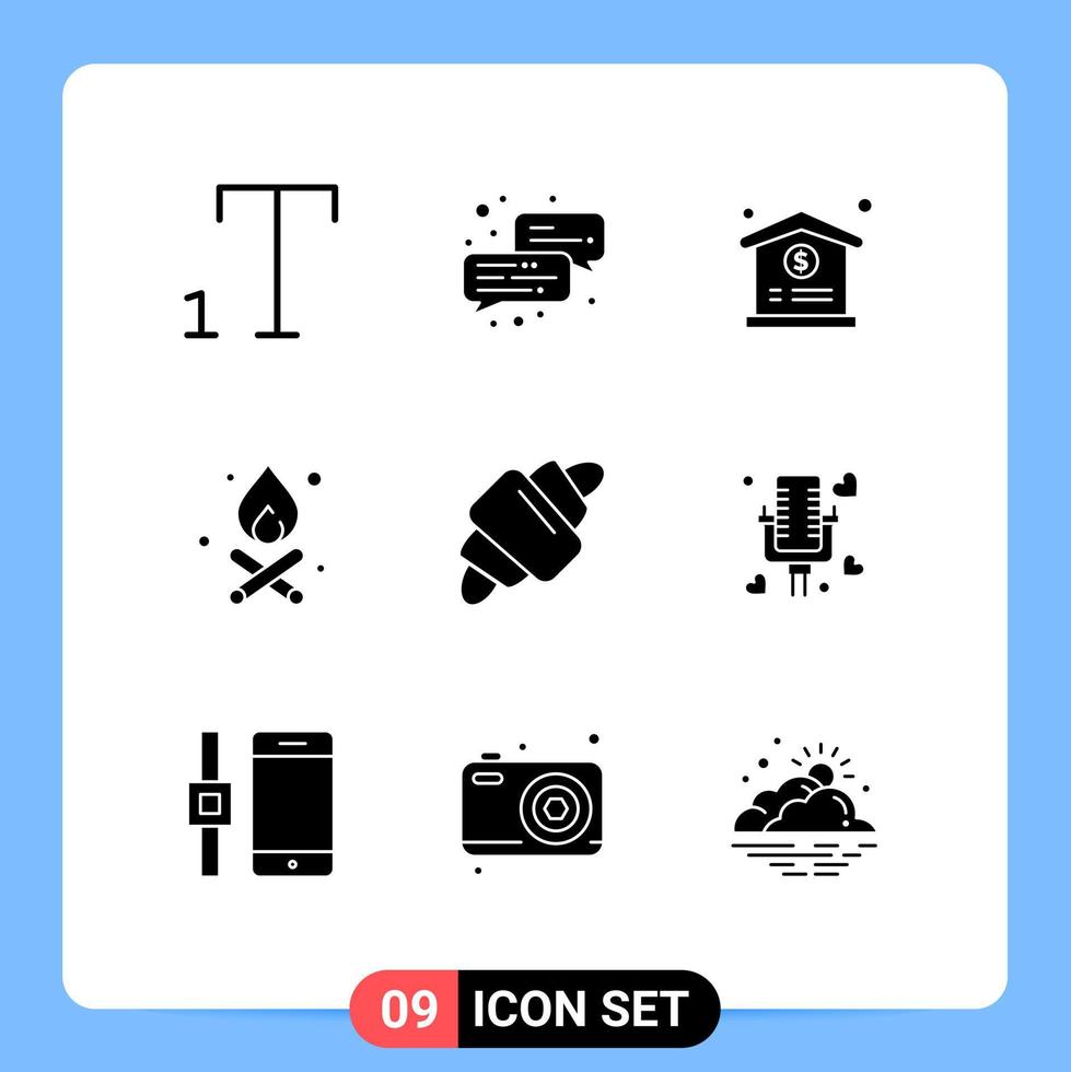 Modern Set of 9 Solid Glyphs Pictograph of married talking bonfire meal drink Editable Vector Design Elements