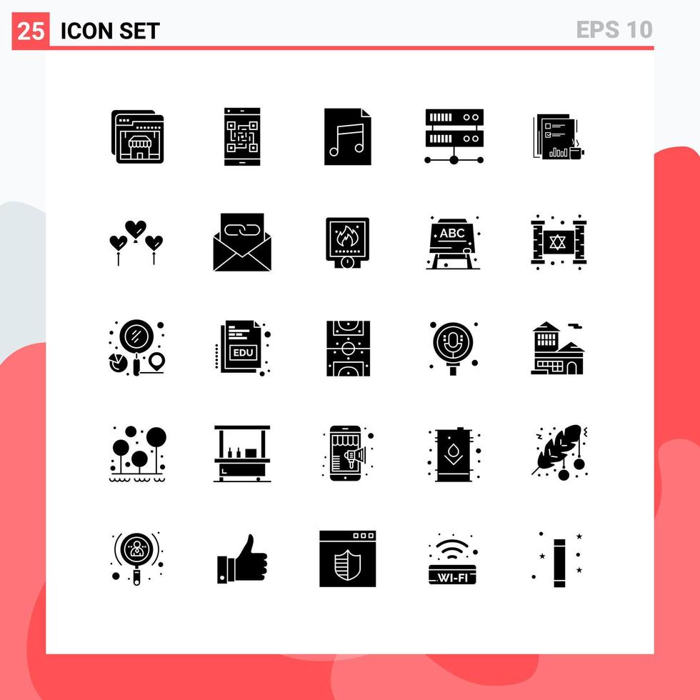 Mobile Interface Solid Glyph Set of 25 Pictograms of market coffee scanner hosting center data center Editable Vector Design Elements