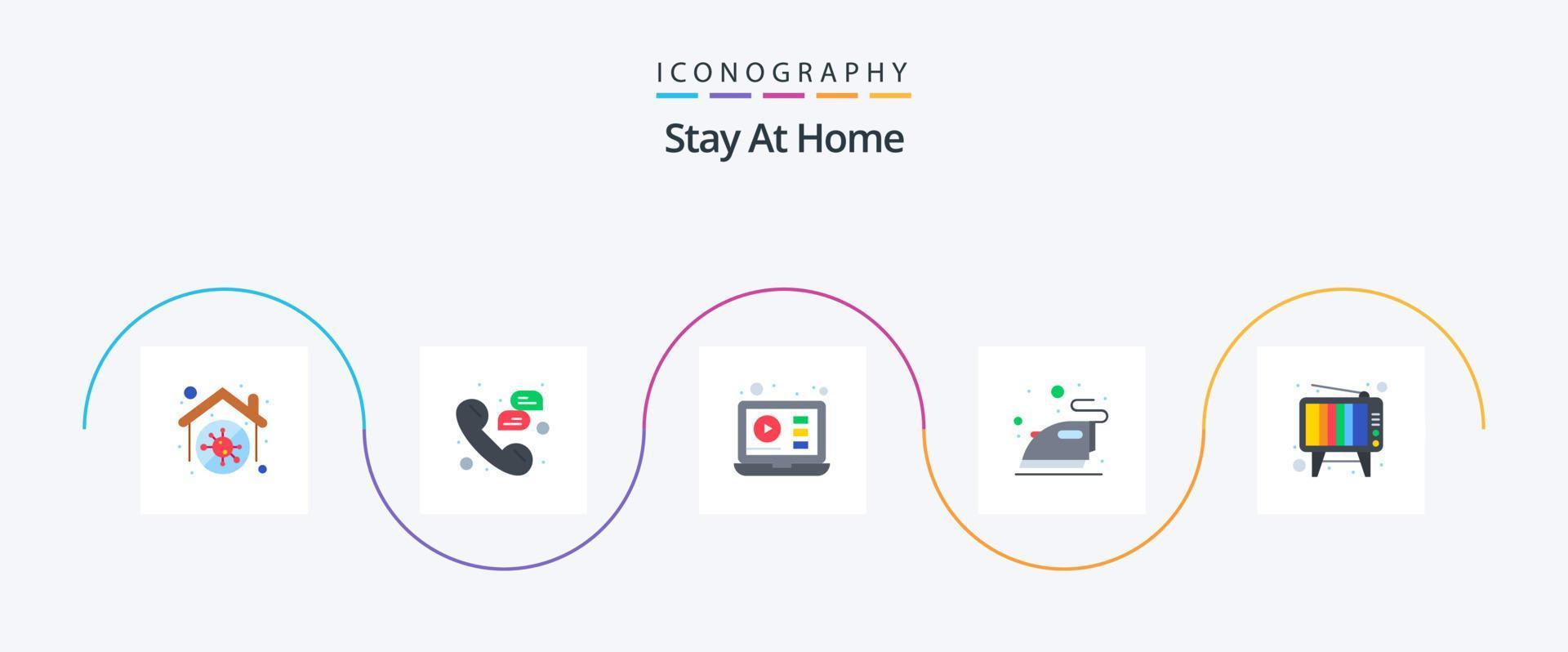 Stay At Home Flat 5 Icon Pack Including television. steaming. support. ironing. video vector