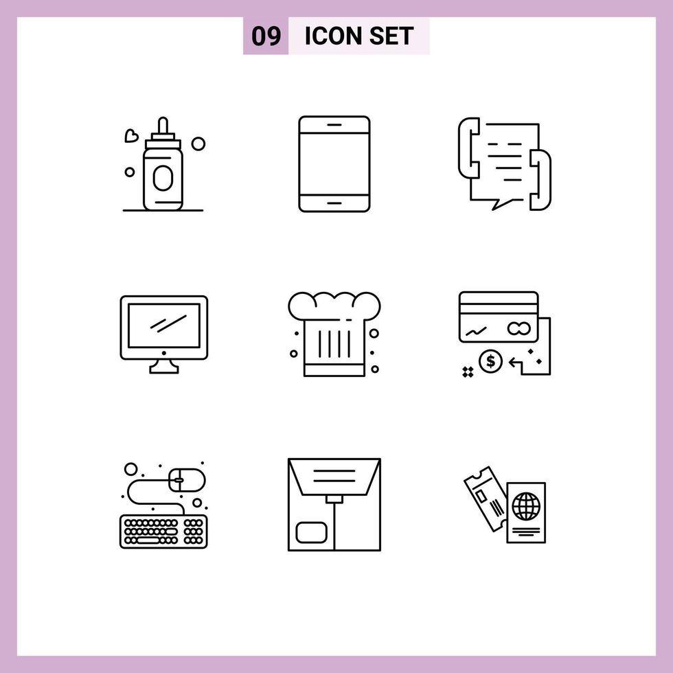 Mobile Interface Outline Set of 9 Pictograms of pc device call monitor phone Editable Vector Design Elements