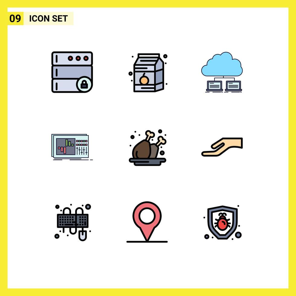 paquete de 9 modernos signos y símbolos de colores planos de línea rellena para medios de impresión web, como control de ecualización de red de sonido de pollo, elementos de diseño de vectores editables