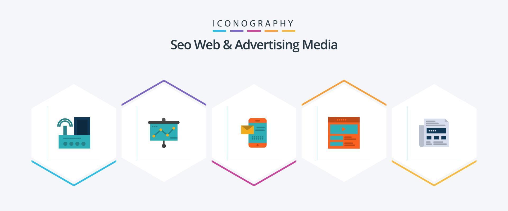Seo Web And Advertising Media 25 Flat icon pack including website. video player. projector. video. chat vector