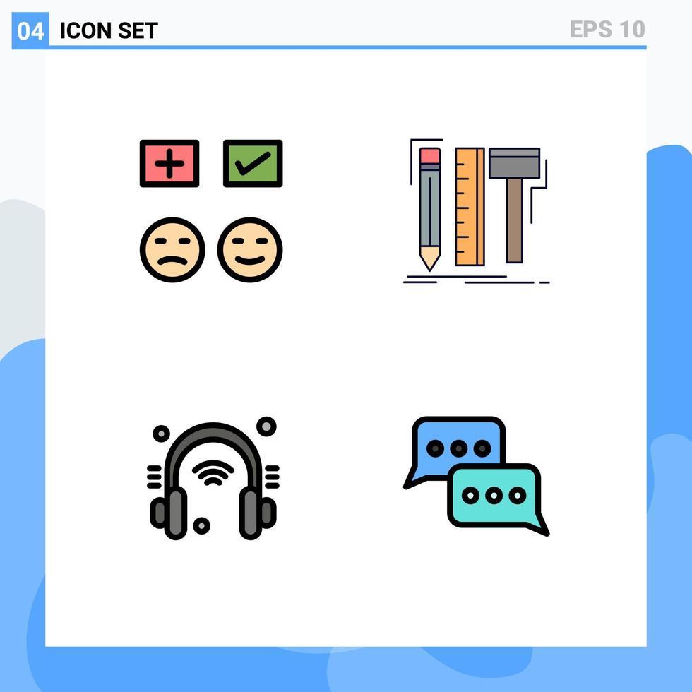 conjunto de 4 colores planos de línea de relleno de vector en la cuadrícula para elementos de diseño de vector editables del servicio de asistencia del diseñador de garrapatas de lápiz de emojis