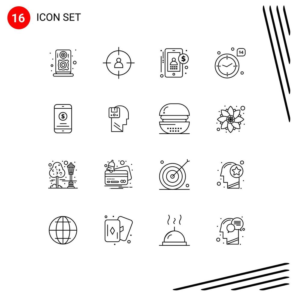 Group of 16 Outlines Signs and Symbols for mobile payment mobile accounting heart love Editable Vector Design Elements