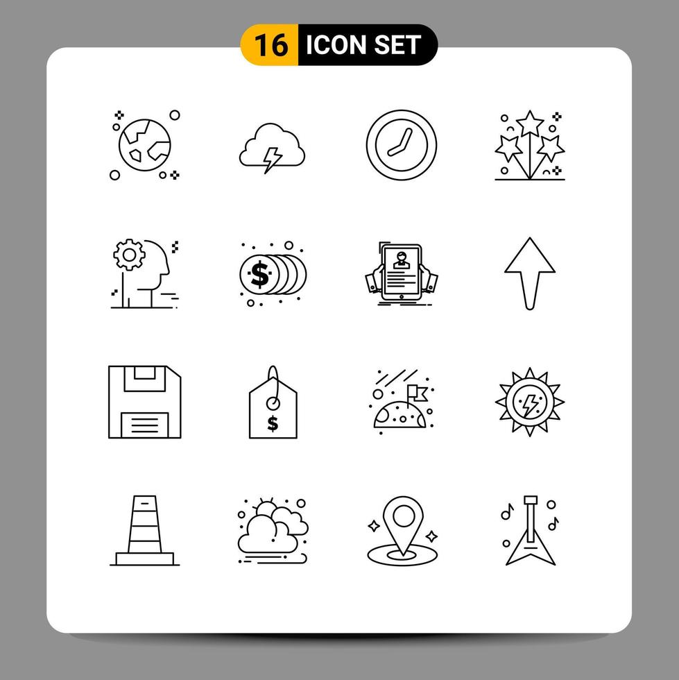 Pack of 16 Modern Outlines Signs and Symbols for Web Print Media such as brain party spring light watch Editable Vector Design Elements