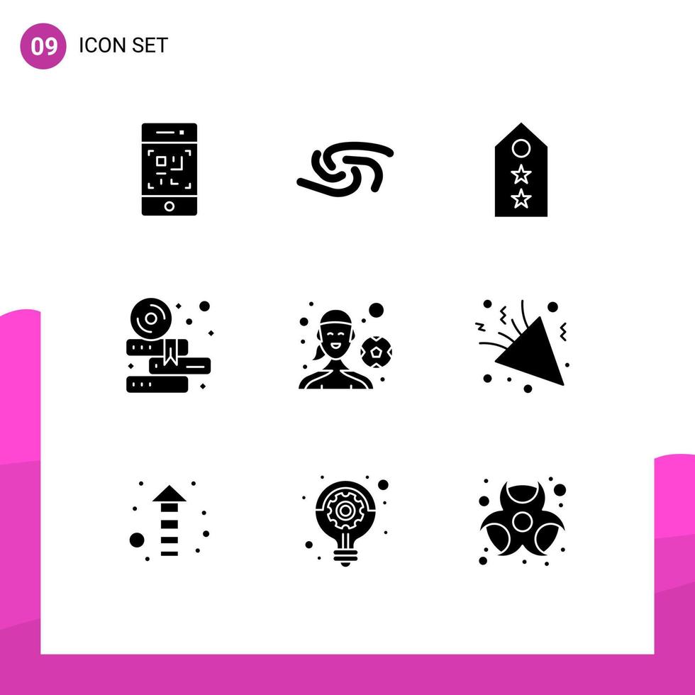 9 User Interface Solid Glyph Pack of modern Signs and Symbols of female player study military education two Editable Vector Design Elements