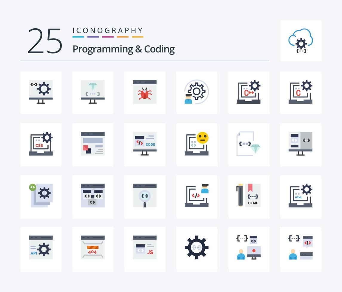 Programación y codificación Paquete de iconos de 25 colores planos que incluye codificación. C. desarrollar. programador. desarrollo vector