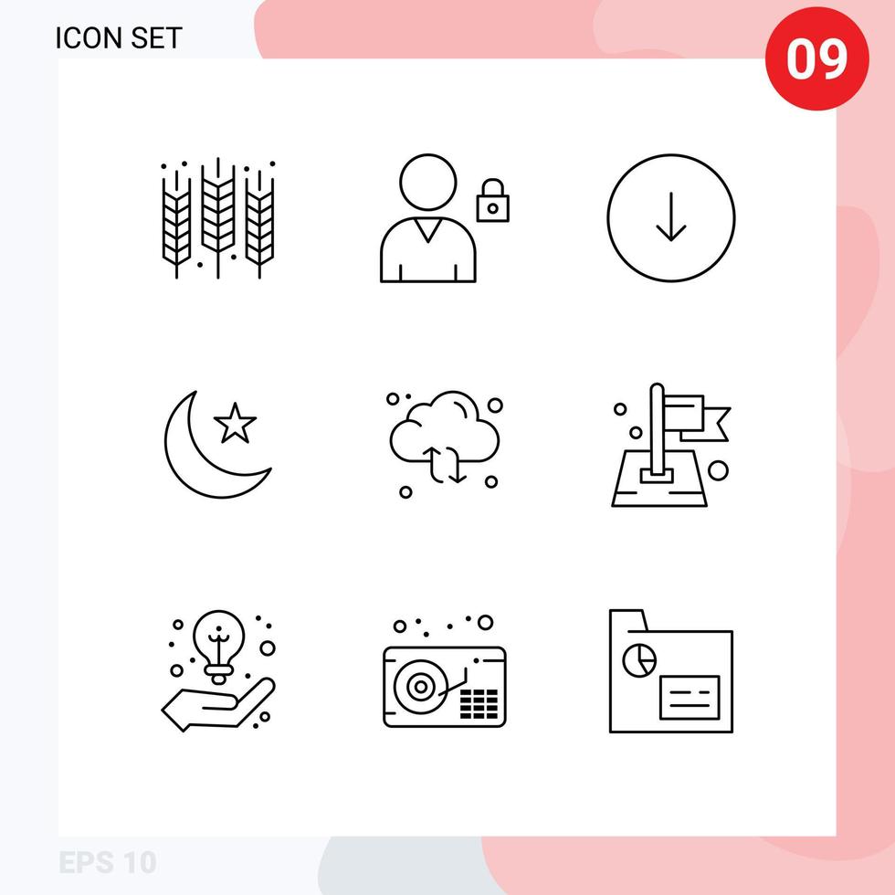 Group of 9 Outlines Signs and Symbols for refresh night arrow star moon Editable Vector Design Elements