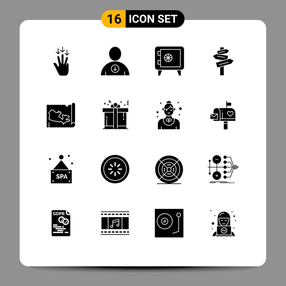 User Interface Pack of 16 Basic Solid Glyphs of present world locker map motel Editable Vector Design Elements