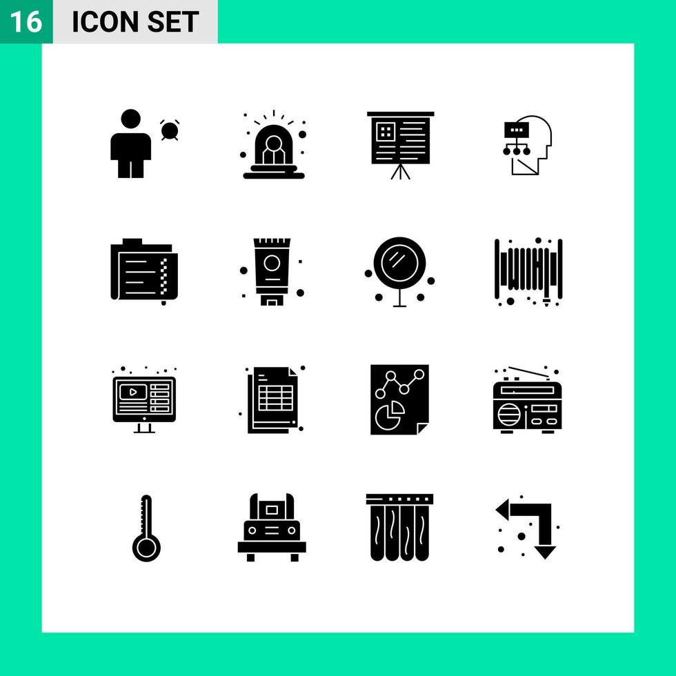 Mobile Interface Solid Glyph Set of 16 Pictograms of data head siren mind planning Editable Vector Design Elements