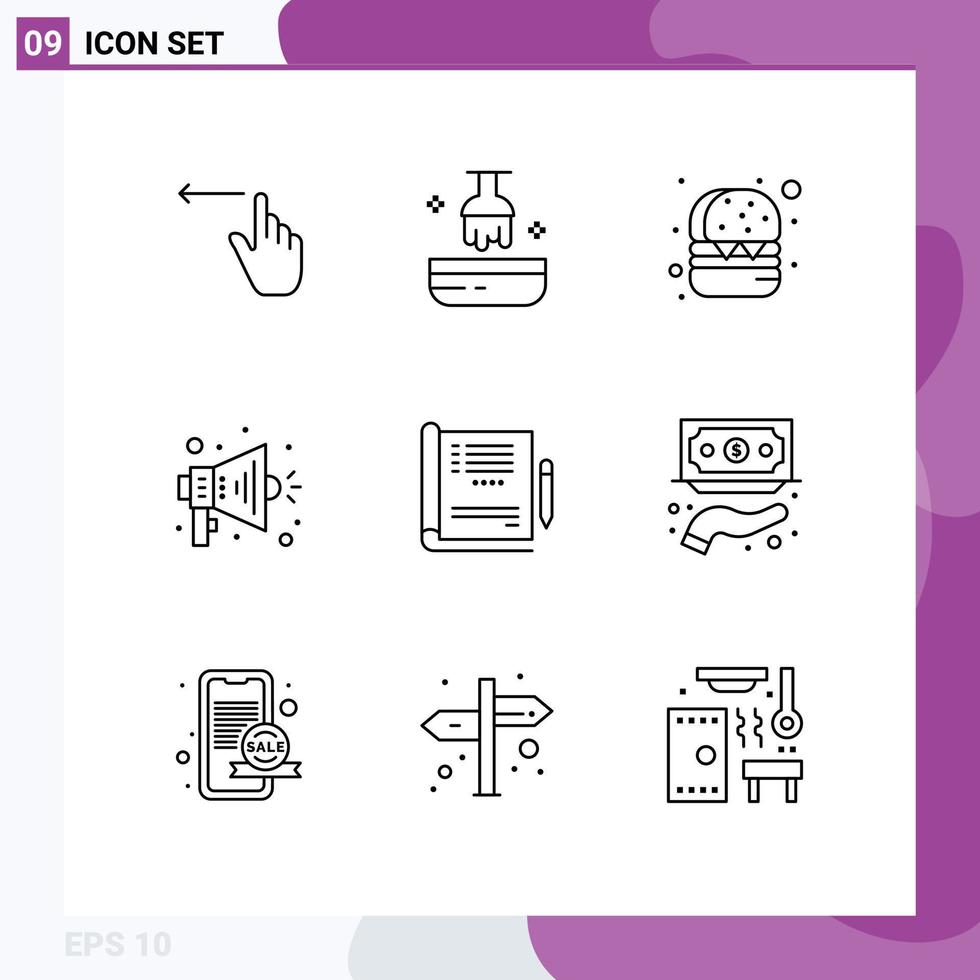 Mobile Interface Outline Set of 9 Pictograms of report healthcare burger doctor megaphone Editable Vector Design Elements