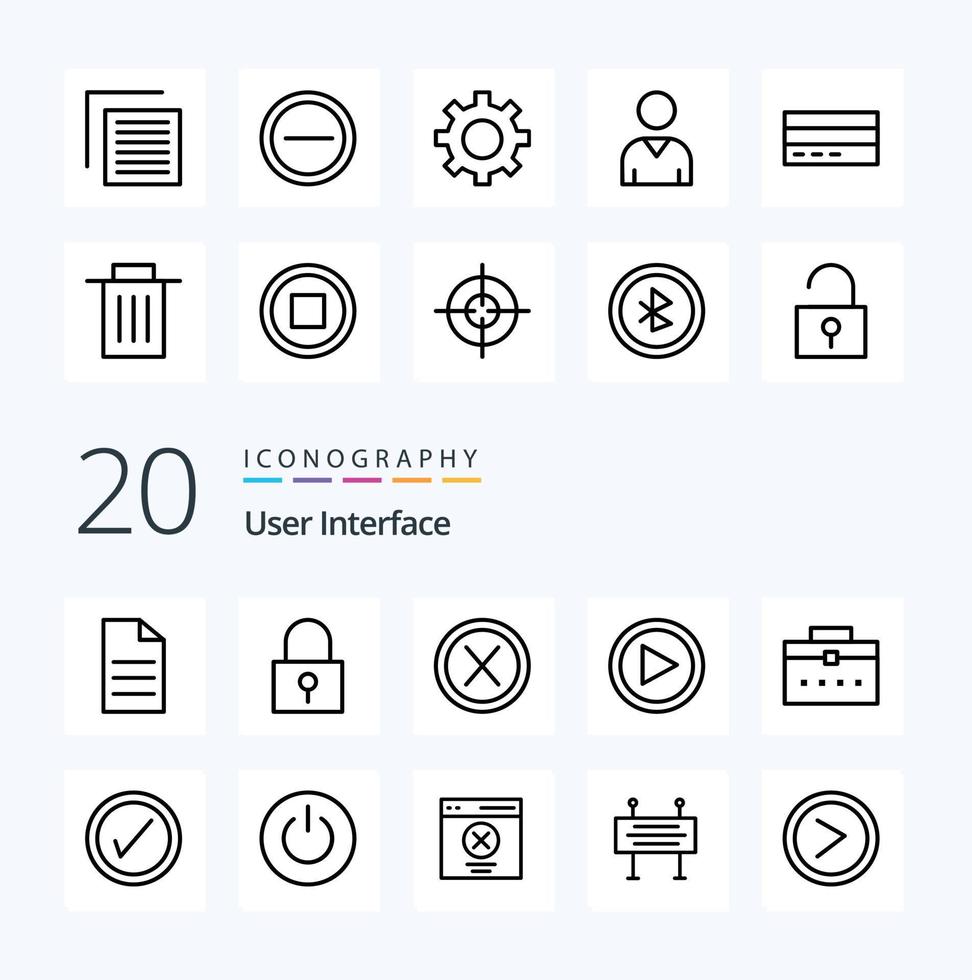 20 User Interface Line icon Pack like bag play close interface user vector