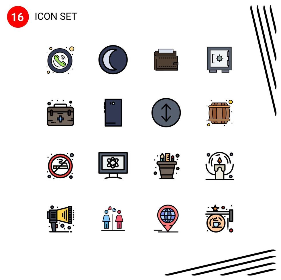 Modern Set of 16 Flat Color Filled Lines and symbols such as security lock weather purse money Editable Creative Vector Design Elements