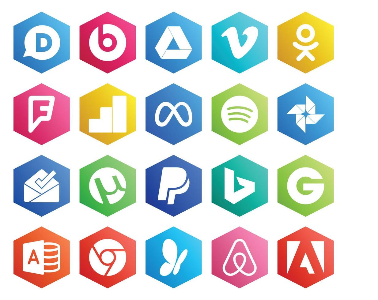 Paquete de 20 íconos de redes sociales que incluye la bandeja de entrada de microsoft access bing meta paypal vector