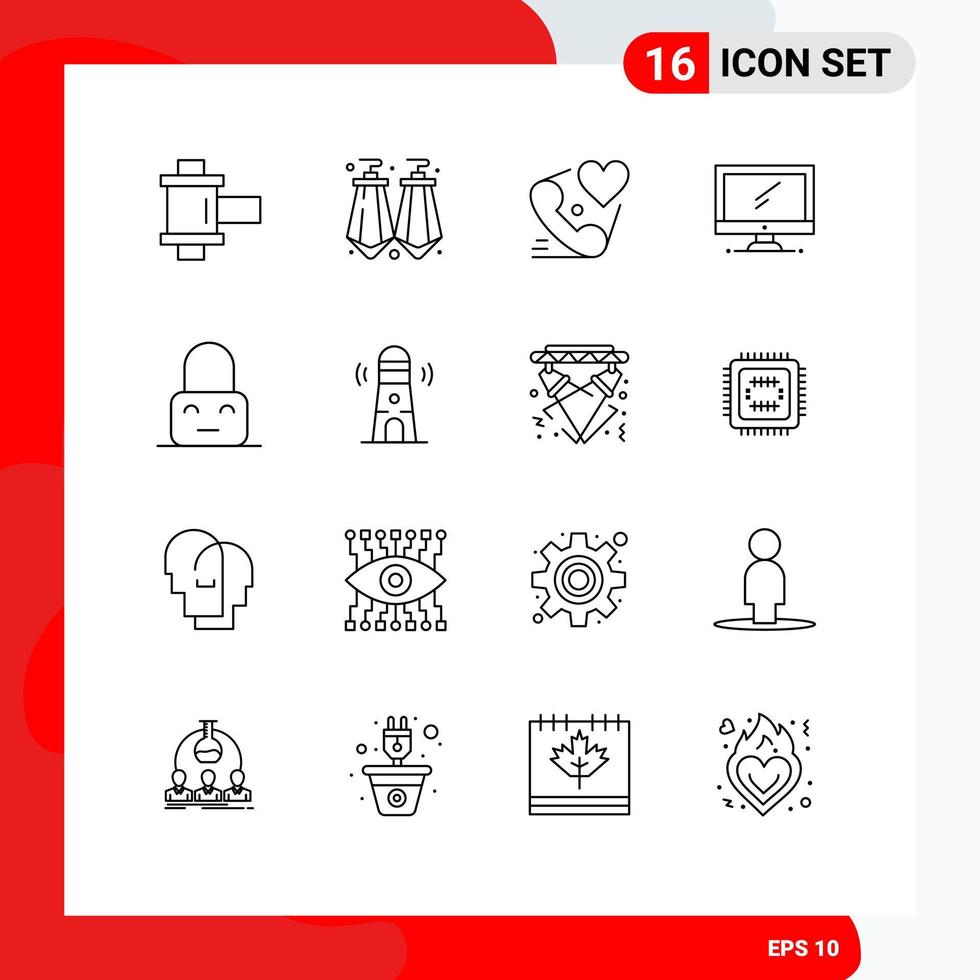 16 Universal Outline Signs Symbols of lock pc heart imac monitor Editable Vector Design Elements