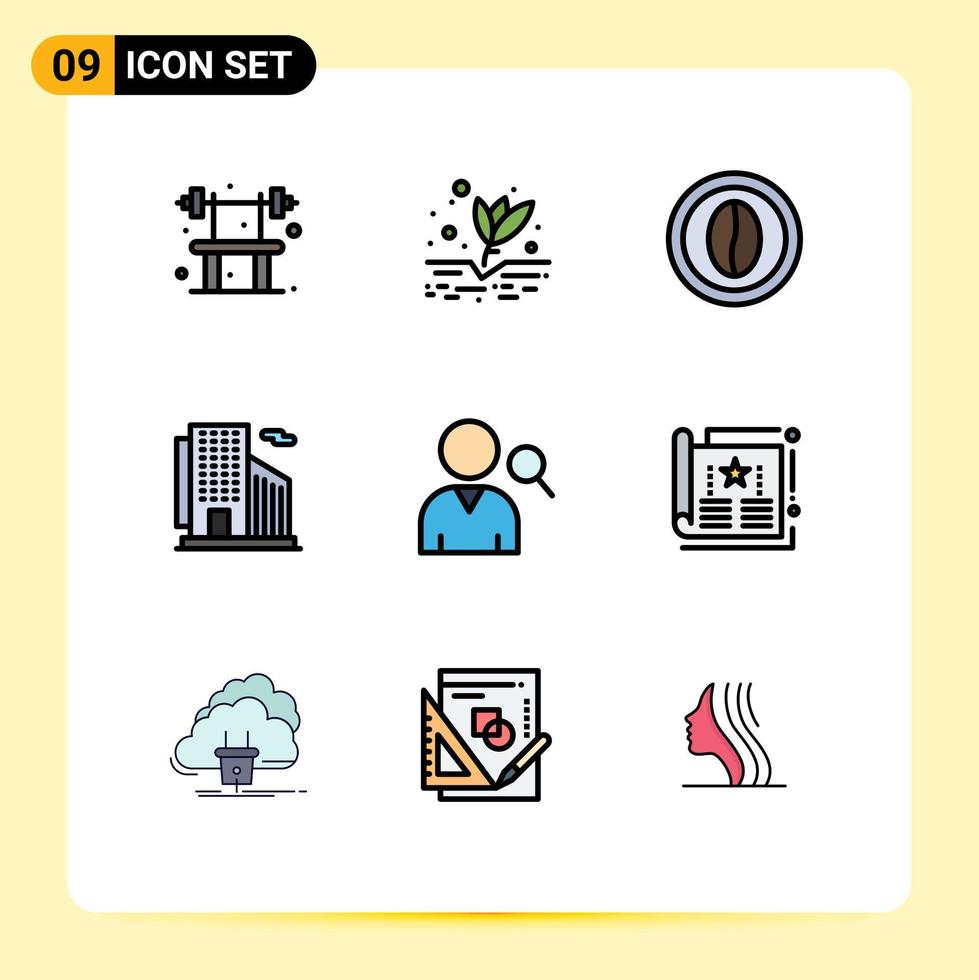 9 Universal Filledline Flat Color Signs Symbols of employee skyscraper coffee office grain Editable Vector Design Elements