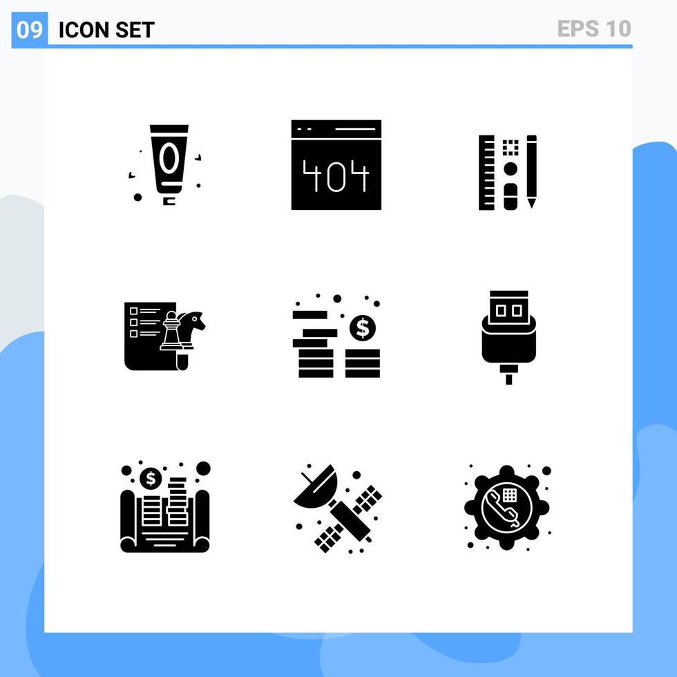 Pack of 9 creative Solid Glyphs of money asset pencil planning business Editable Vector Design Elements