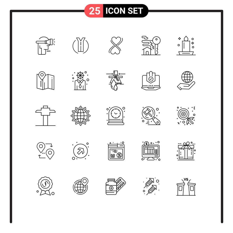 25 iconos creativos, signos y símbolos modernos de la cena, vela, corazón, bienes raíces, clave, elementos de diseño vectorial editables vector