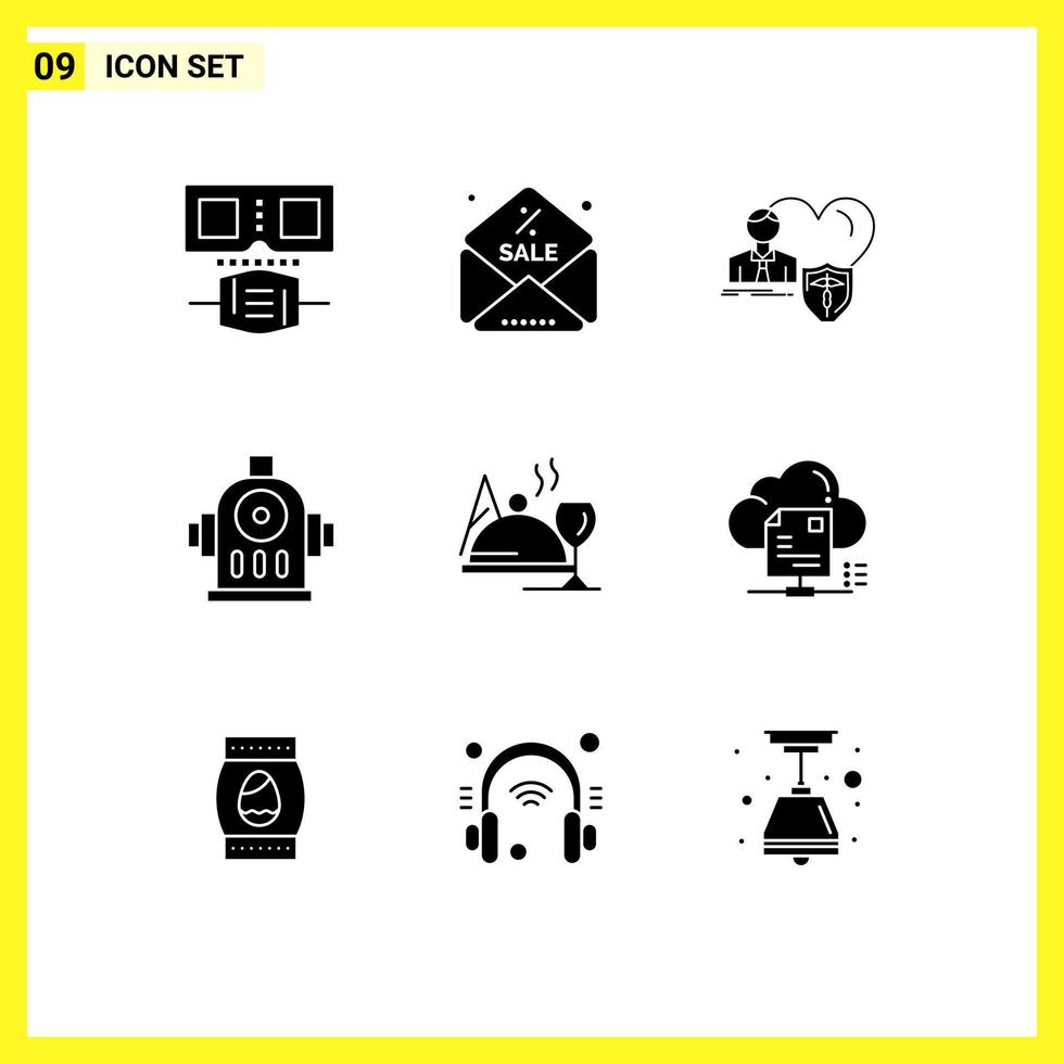 Modern Set of 9 Solid Glyphs Pictograph of glass dish home hotel hydrant Editable Vector Design Elements