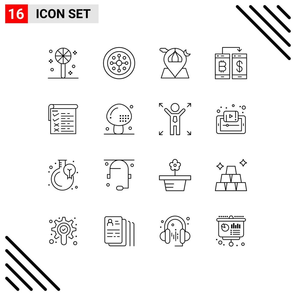16 User Interface Outline Pack of modern Signs and Symbols of checklist transection location smartphone cashless Editable Vector Design Elements