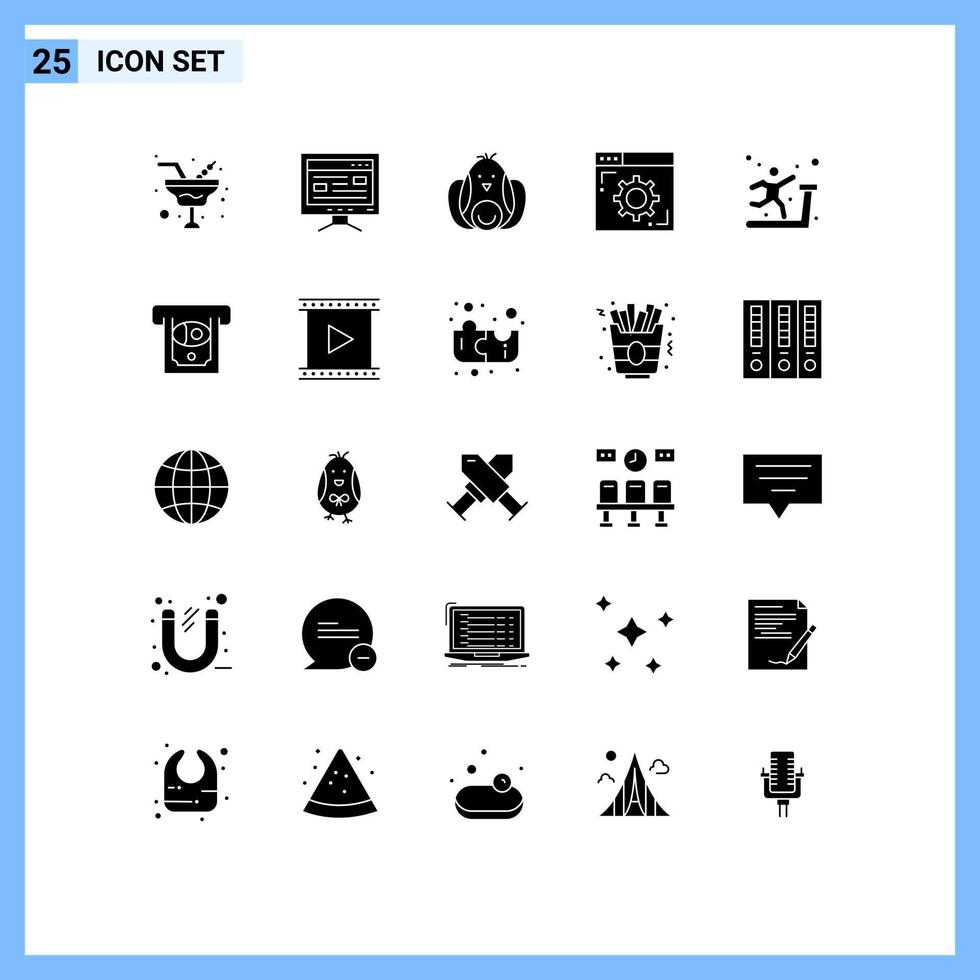 paquete de 25 signos y símbolos de glifos sólidos modernos para medios de impresión web, como la configuración de pollo de la página web del gimnasio, elementos de diseño vectorial editables del navegador vector