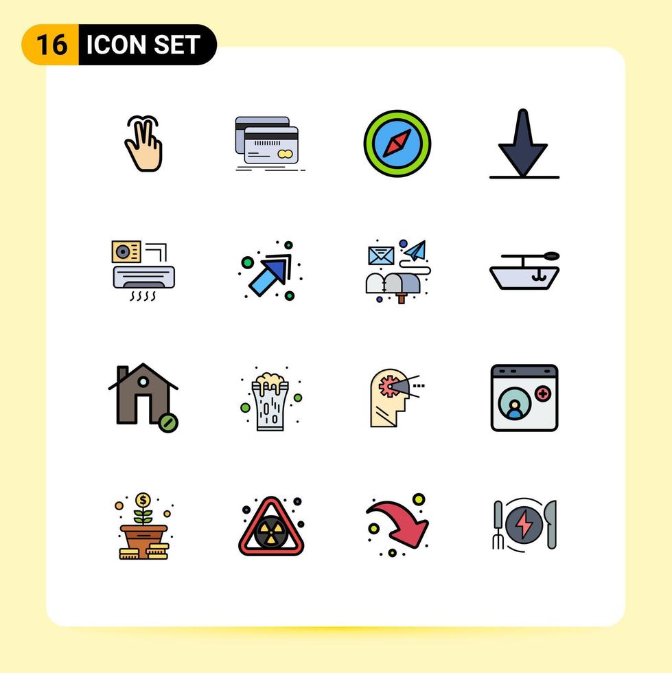Pack of 16 Modern Flat Color Filled Lines Signs and Symbols for Web Print Media such as aircondition down debit bottom map Editable Creative Vector Design Elements