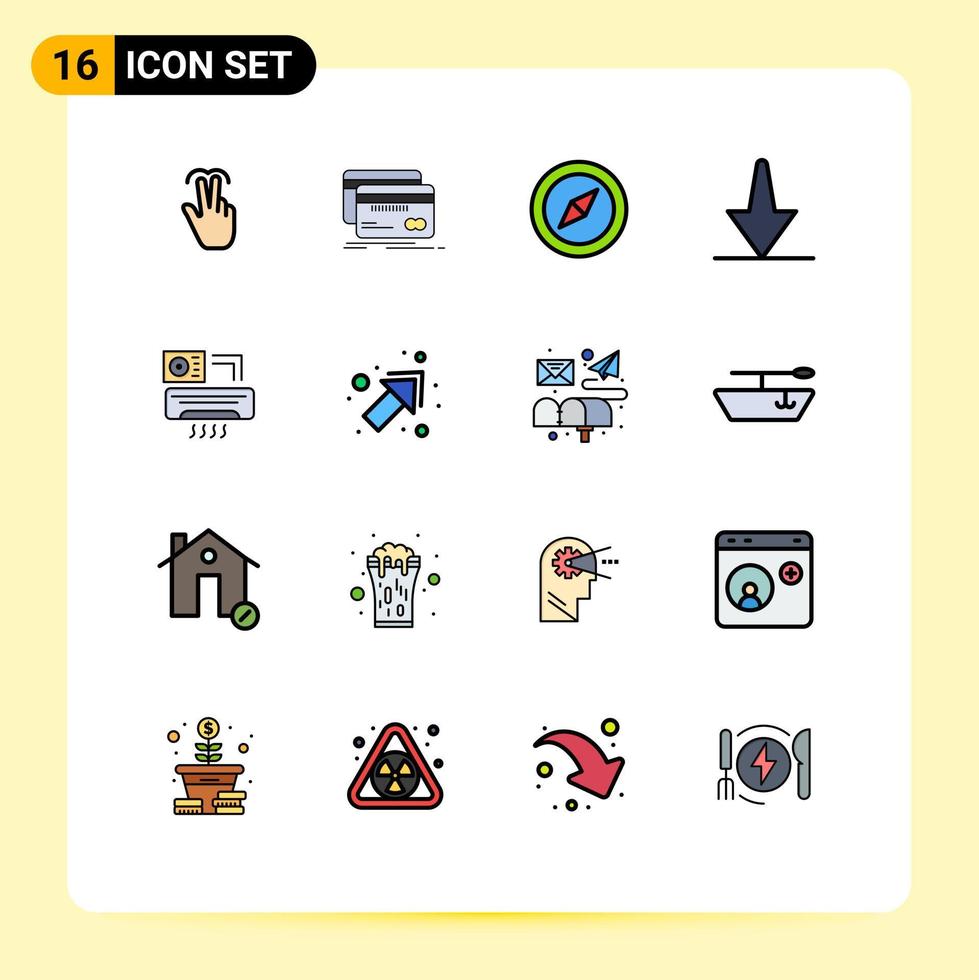 paquete de 16 líneas llenas de colores planos modernos, signos y símbolos para medios de impresión web, como aire acondicionado, mapa inferior de débito, elementos de diseño de vectores creativos editables
