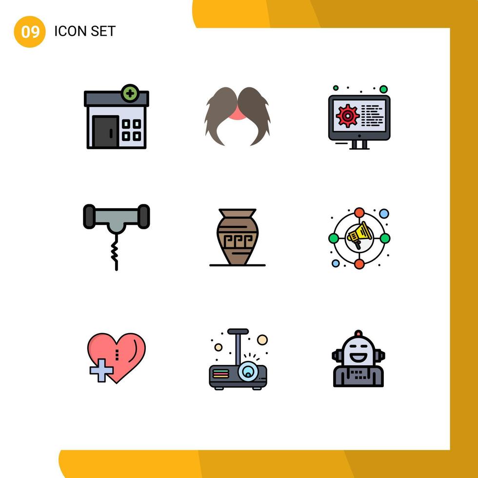 Group of 9 Modern Filledline Flat Colors Set for ancient jar stork coding meal drink Editable Vector Design Elements