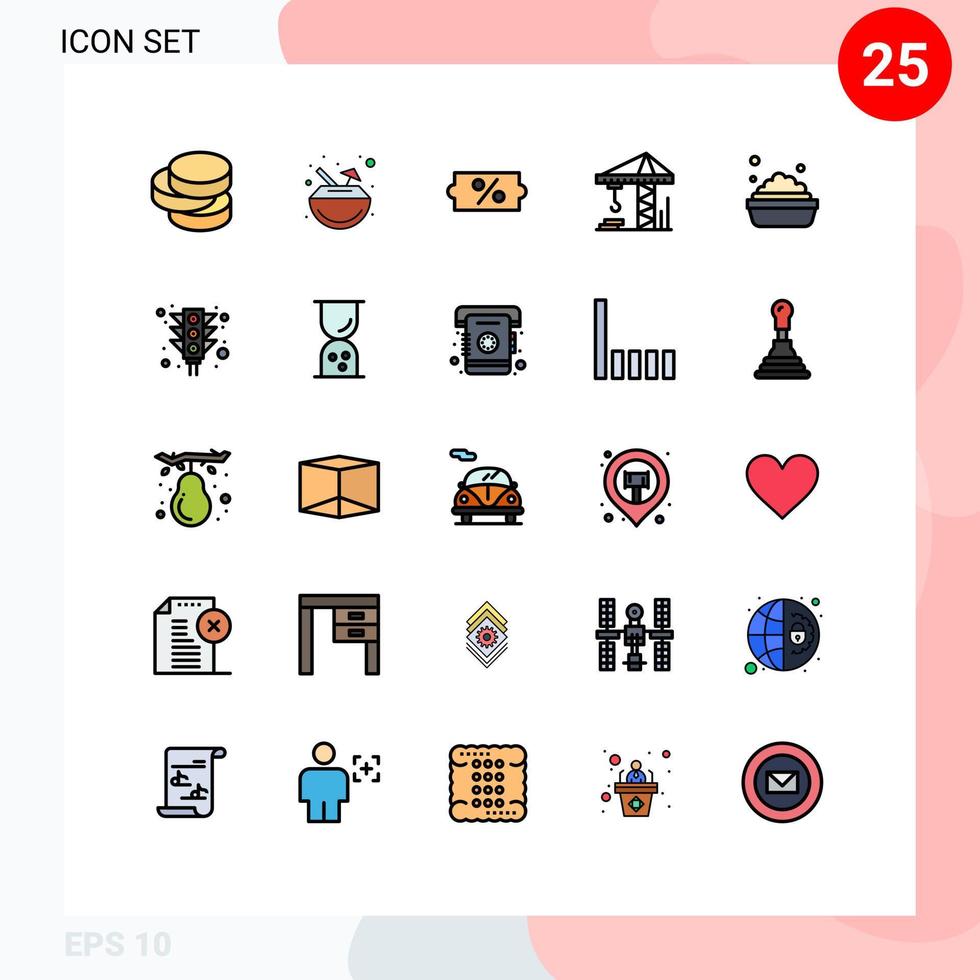 Set of 25 Commercial Filled line Flat Colors pack for light washing price cleaning construction Editable Vector Design Elements