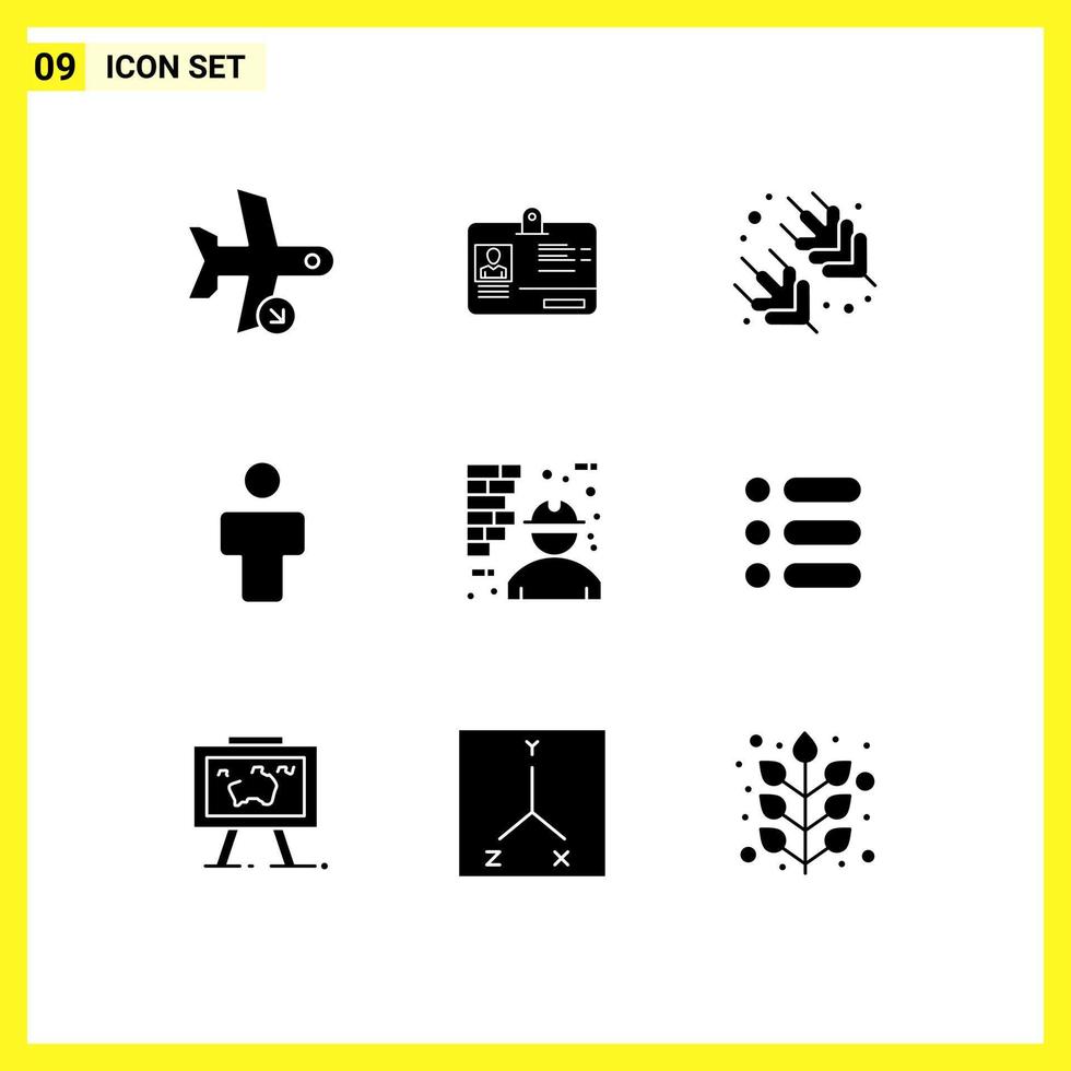 User Interface Pack of 9 Basic Solid Glyphs of construction profile id people avatar Editable Vector Design Elements