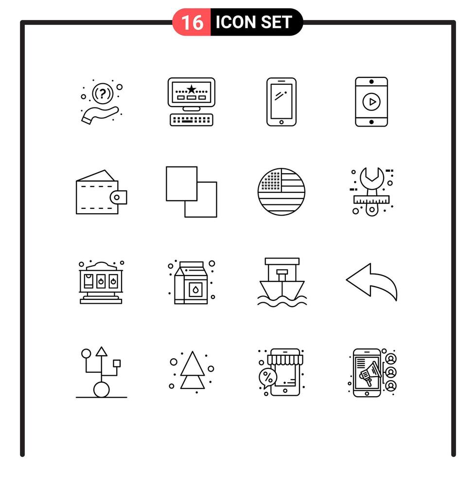 Modern Set of 16 Outlines Pictograph of fashion play smart phone video mobile Editable Vector Design Elements