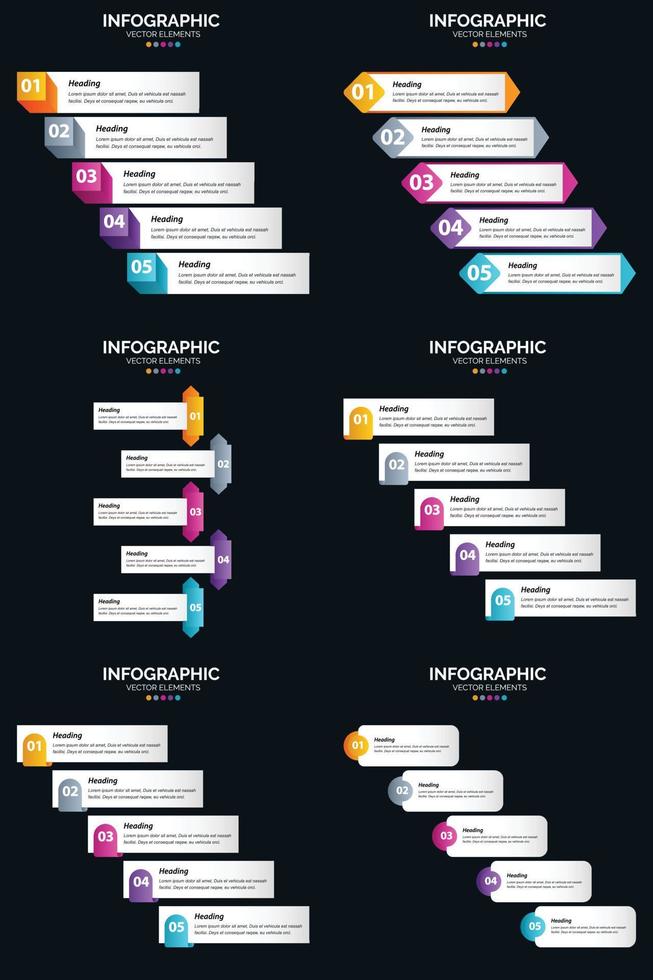 Our vector infographics pack of 6 includes 5 steps and timelines