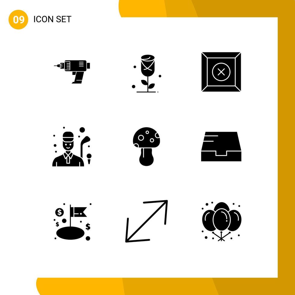 Mobile Interface Solid Glyph Set of 9 Pictograms of poison mushroom box game golfer Editable Vector Design Elements