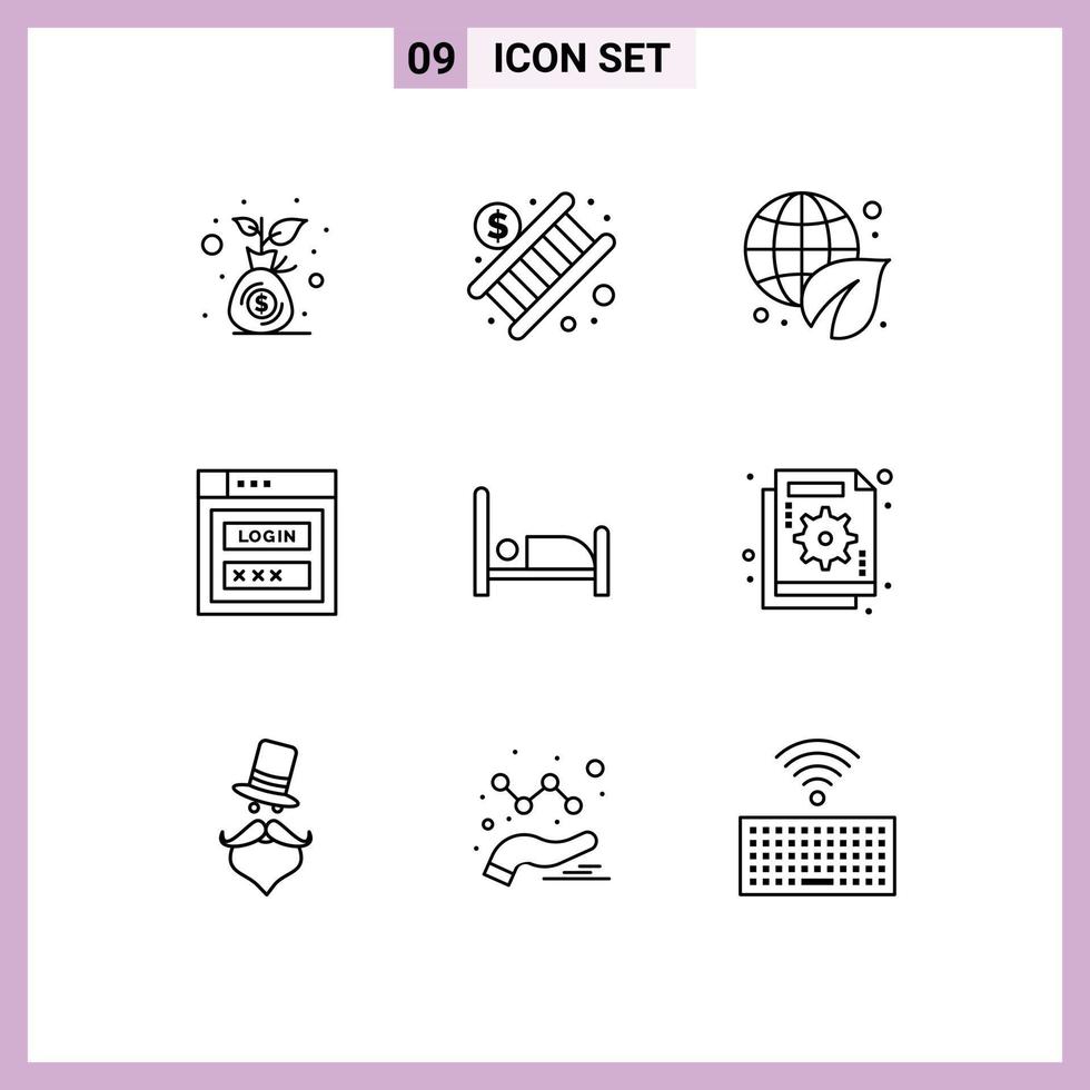 Modern Set of 9 Outlines Pictograph of bed web security earth day shield internet Editable Vector Design Elements