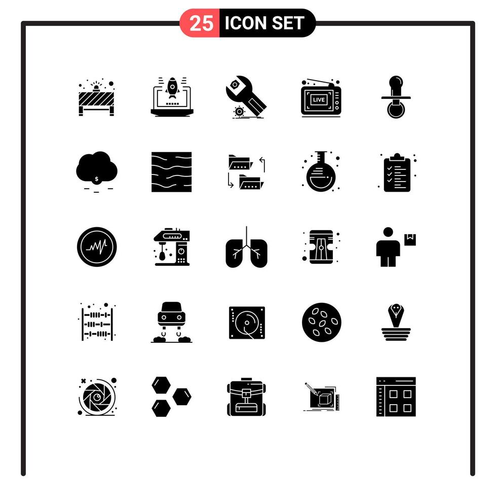 Group of 25 Solid Glyphs Signs and Symbols for baby video app show broadcast Editable Vector Design Elements