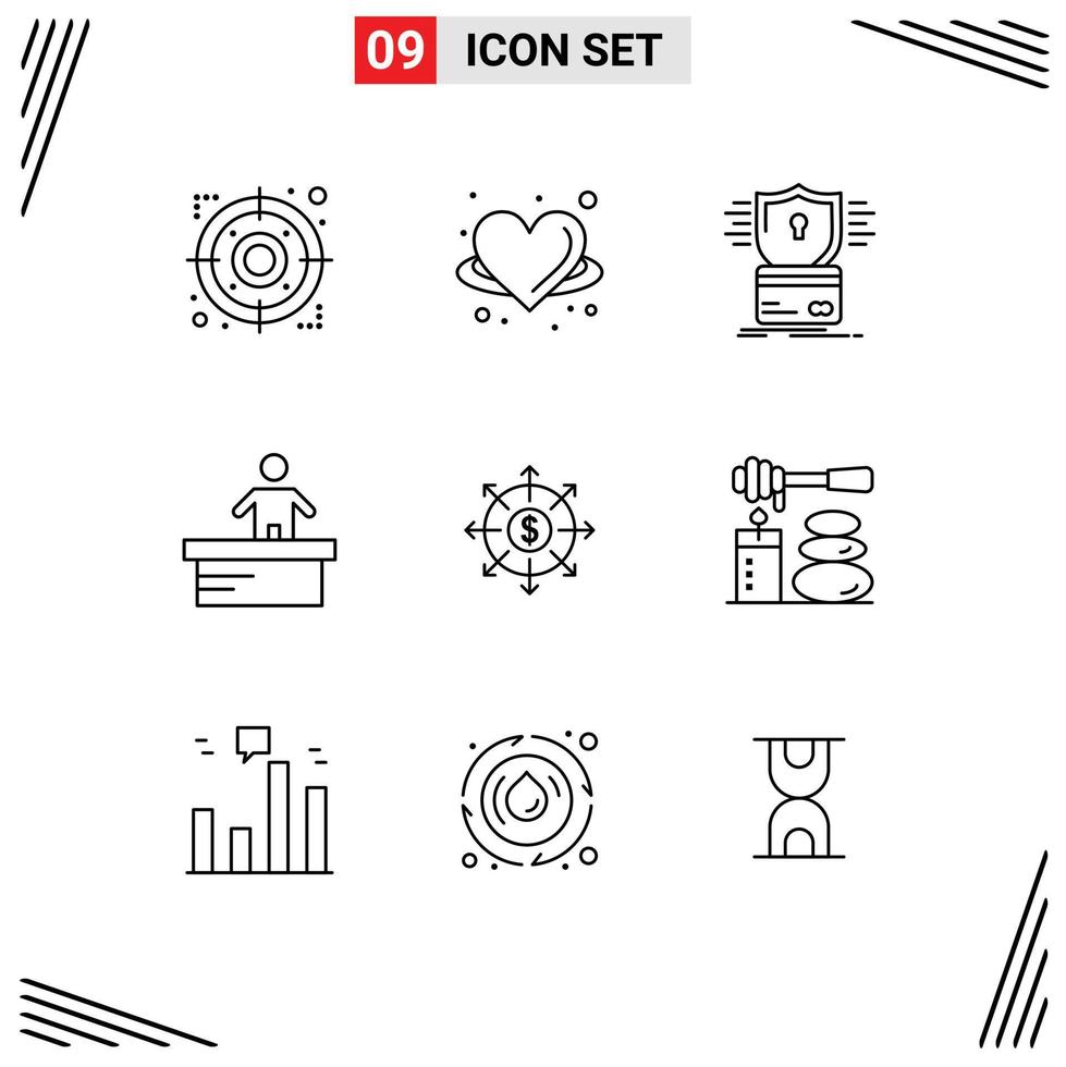 Mobile Interface Outline Set of 9 Pictograms of worker desk wing cashier hacking Editable Vector Design Elements